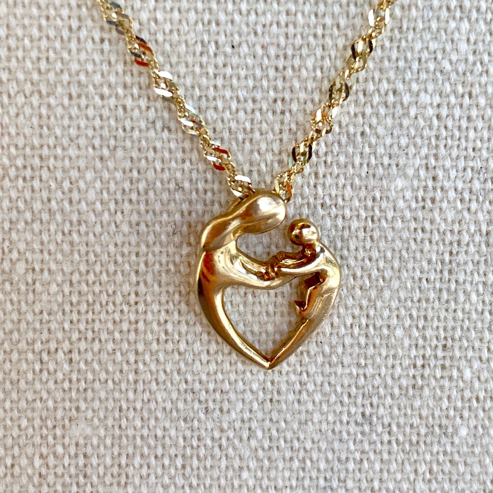 14K Real Yellow Gold Dainty Small "Mother & Child" Pendant. - Picture 7 of 10